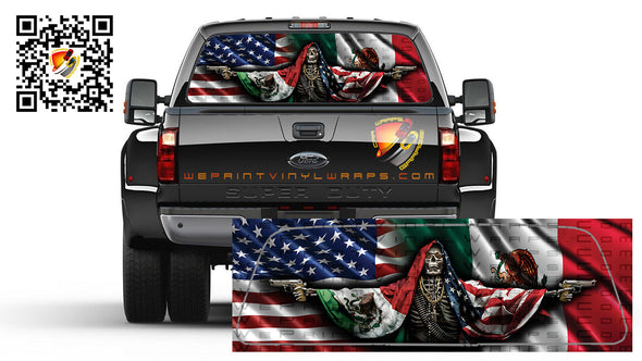 Mexican and American Flag Santa Muerte Bandera de Mexico Rear Window Tint Perforated Graphic Decal Sticker Trucks Cars Campers