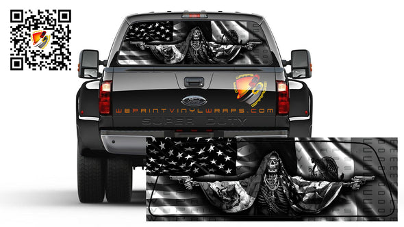 Mexican and American Flag Santa Muerte Black and White Bandera de Mexico Rear Window Perforated Graphic Decal Sticker Trucks Cars Campers