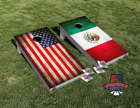 Mexican and American Flag Washed Cornhole Board Vinyl Wrap Skins Laminated Sticker Decal Set