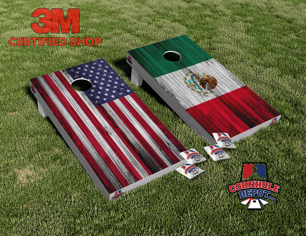 Mexico and American Flag Washed Cornhole Board Vinyl Wrap Laminated Sticker Set Decal