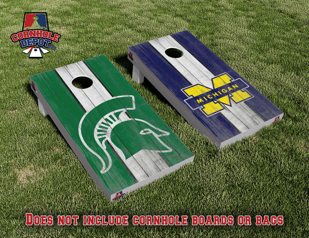 Spartans Michigan and Michigan Wolverines Split Set Cornhole Board Vinyl Wrap Skins Laminated Sticker Set Decal