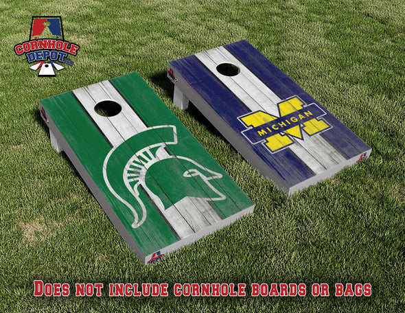 Spartans Michigan and Michigan Wolverines Split Set Cornhole Board Vinyl Wrap Skins Laminated Sticker Set Decal
