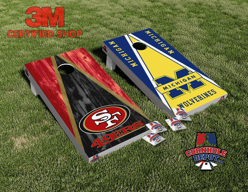 Michigan Wolverines and SF 49ers Split Set Cornhole Board Vinyl Wrap Skins Laminated Sticker Set Decal