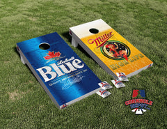 Miller High Life  and Labatt Blue Split Set Cornhole Board Vinyl Wrap Skins  Laminated Sticker Set Decal