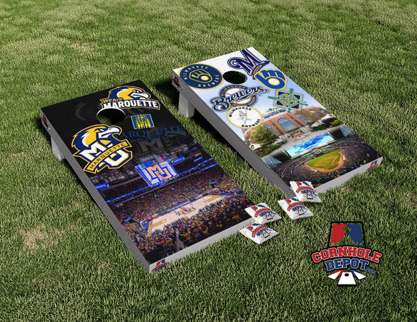Milwaukee Brewers and Marquette Split Set Cornhole Board Vinyl Wrap Skins  Laminated Sticker Set Decal