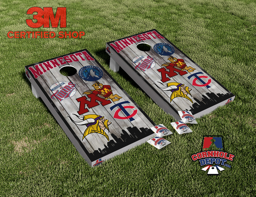 Minnesota Skyline Mashup Cornhole Board Vinyl Wrap Laminated Sticker Set Decal