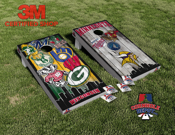 Minnesota and Wisconsin Mash Up Split Set Cornhole Board Vinyl Wrap Skins Laminated Sticker Set Decal
