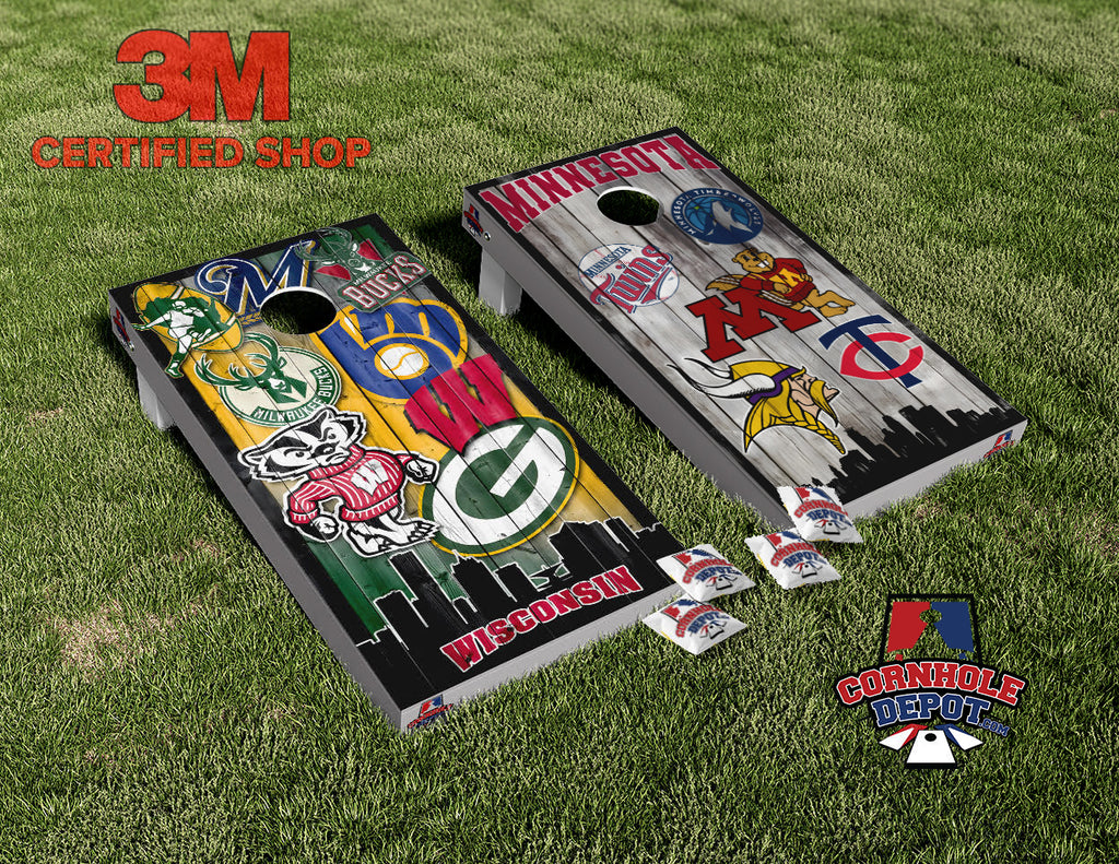Minnesota and Wisconsin Skyline Mash Up Split Set Cornhole Board Vinyl Wrap Skins Laminated Sticker Set Decal