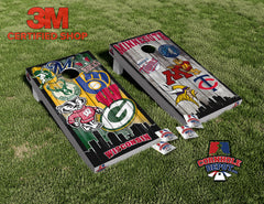 Minnesota and Wisconsin Skyline Mash Up Split Set Cornhole Board Vinyl Wrap Skins Laminated Sticker Set Decal