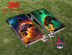 Monster Trucks Flying Cornhole Board Vinyl Wrap Skin Laminated Sticker Set Decal
