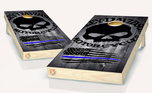 Harley Davidson Motor Cycles American Flag Thin Blue Line Cornhole Board Vinyl Wrap Skins Laminated Sticker Set Decal
