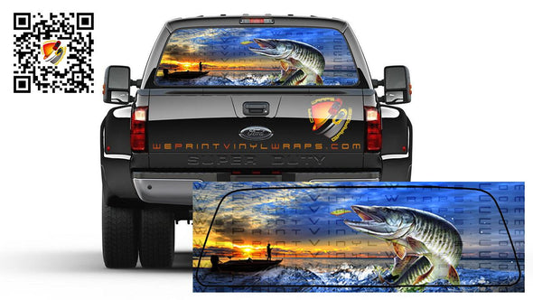 Muskie Fishing Rear Window Perforated Graphic Vinyl Decal Trucks Cars Campers