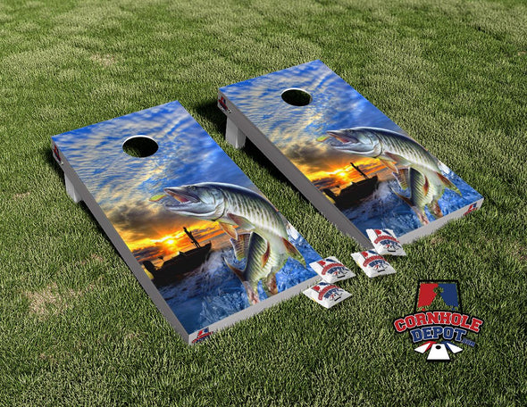 Muskie Jumping Fisherman Cornhole Board Vinyl Wrap Skins Laminated Sticker Set