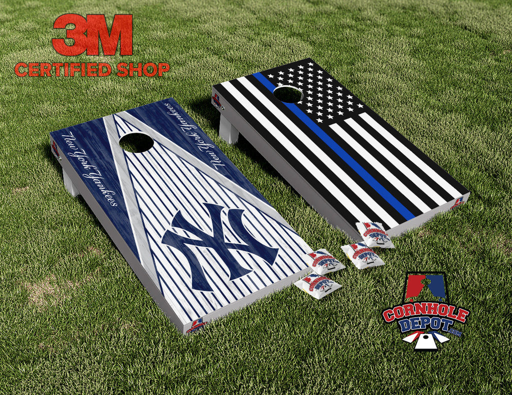 New York Yankees NY and American Flag Black and White Thin Blue Line Split Set Cornhole Board Vinyl Wrap Skins Laminated Sticker Set Decal