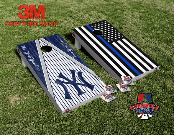 New York Yankees NY and American Flag Black and White Thin Blue Line Split Set Cornhole Board Vinyl Wrap Skins Laminated Sticker Set Decal