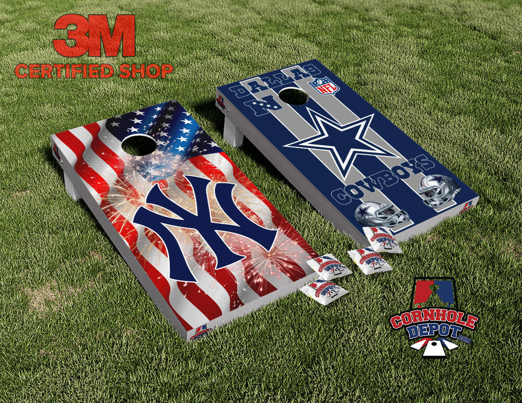 New York  and Cowboys Split Set Cornhole Board Vinyl Wrap Skins Laminated Sticker Set Decal