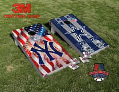 New York  and Cowboys Split Set Cornhole Board Vinyl Wrap Skins Laminated Sticker Set Decal