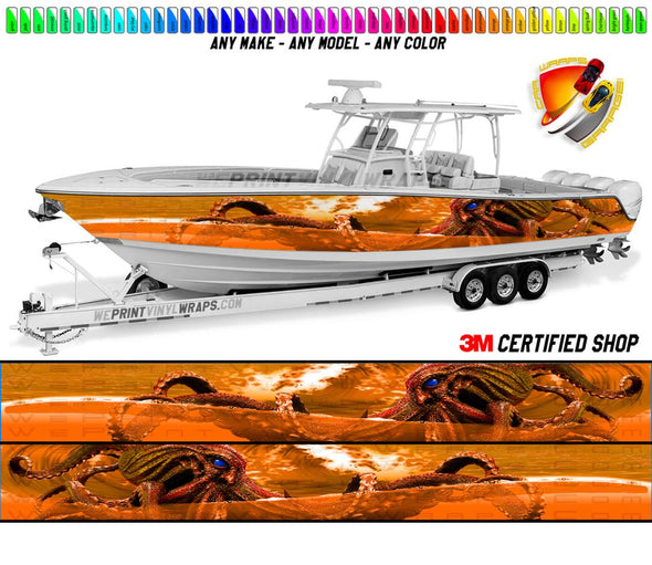 Octopus Orange Ocean Graphic Boat Vinyl Wrap Fishing Pontoon Console Sea Doo Water Sports Watercraft etc.. Boat Wrap Decal