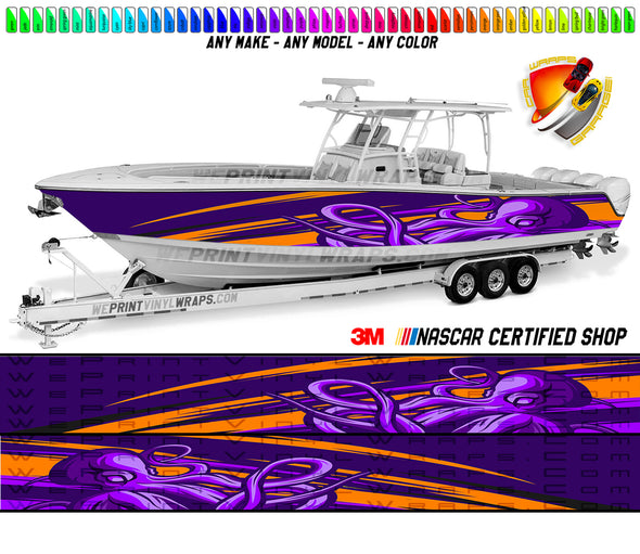 Octopus Purple and Orange Lines Graphic Vinyl Boat Wrap Decal Pontoon Sportsman Console Bowriders Deck Watercraft Any Model Boat