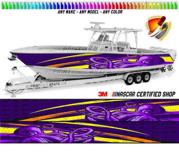 Octopus Purple and Yellow, Orange Lines Graphic Vinyl Boat Wrap Decal Pontoon Sportsman Console Bowriders Deck Watercraft Any Model Boat