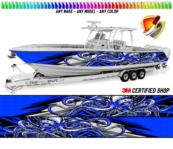 Octopus Royal Blue Ocean Graphic Boat Vinyl Wrap Fishing Pontoon Sea Doo Water Sports Watercraft etc.. Boat Wrap Decal