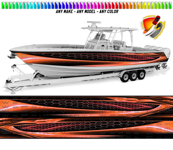 Orange Red Hexagon Graphic Vinyl Boat Wrap Decal Fishing Bass Pontoon Sportsman Console Bowriders Watercraft etc.. Boat Wrap Decal