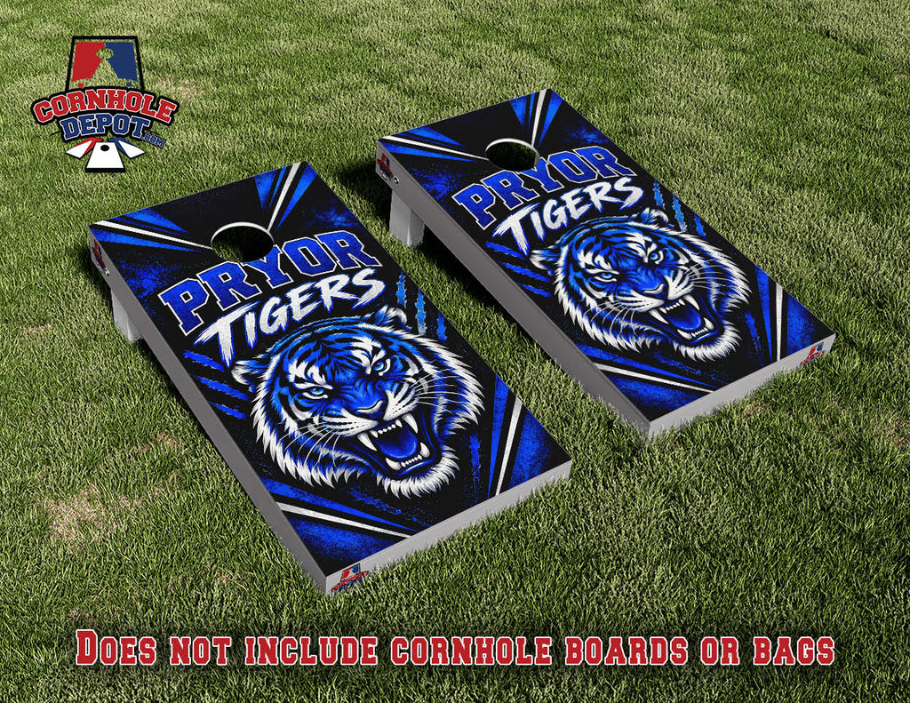 Pryor Tigers Blue Cornhole Board Vinyl Wrap Skins Laminated Sticker Set Decal