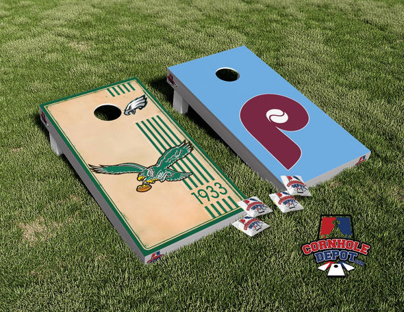 Philadelphia Eagles Retro Style and Phillies Split Set Cornhole Board Vinyl Wrap Skins Laminated Sticker Set Decal