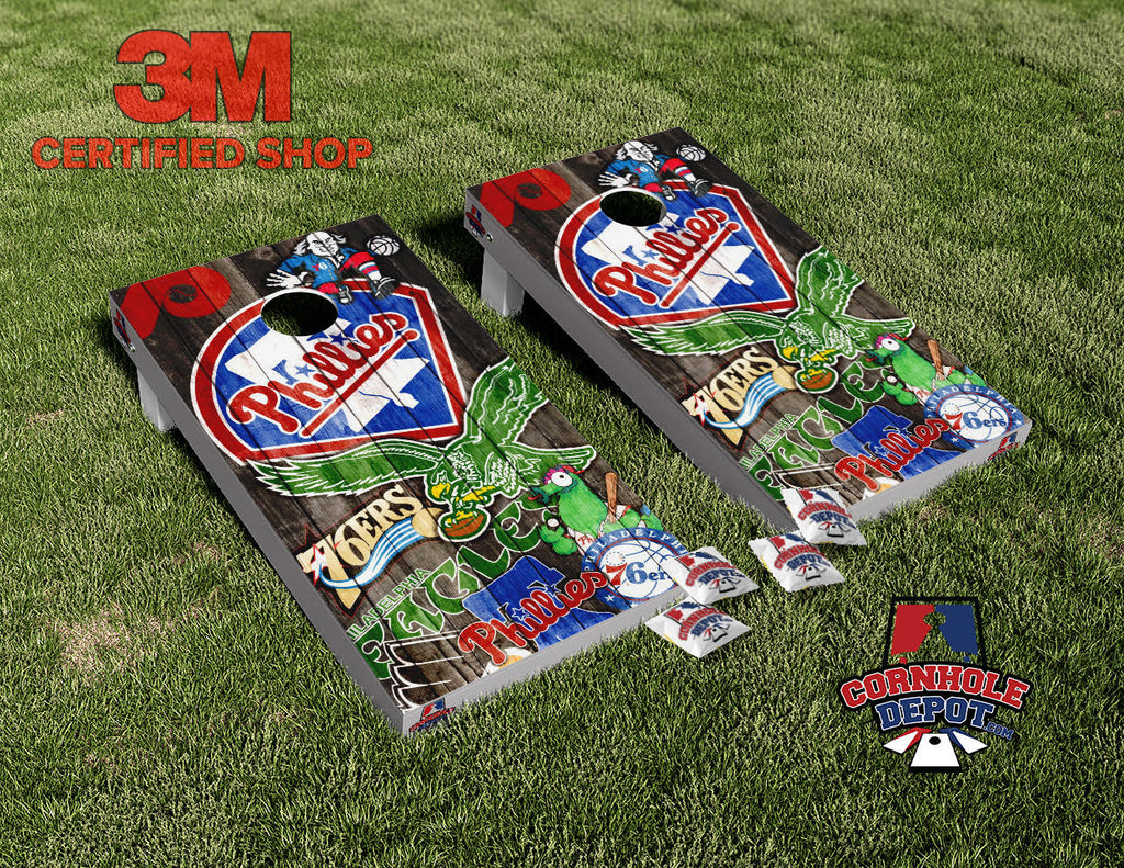 Philadelphia Phillies Teams Mashup Cornhole Board Vinyl Wrap Skins Laminated Sticker Set Decal