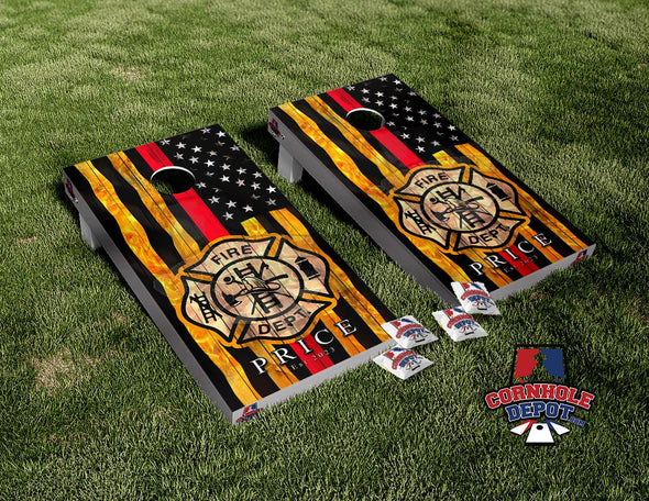 American Flag Thin Red Line Fire Dept. Personalized Cornhole Board Vinyl Wrap Laminated Sticker Set Decal