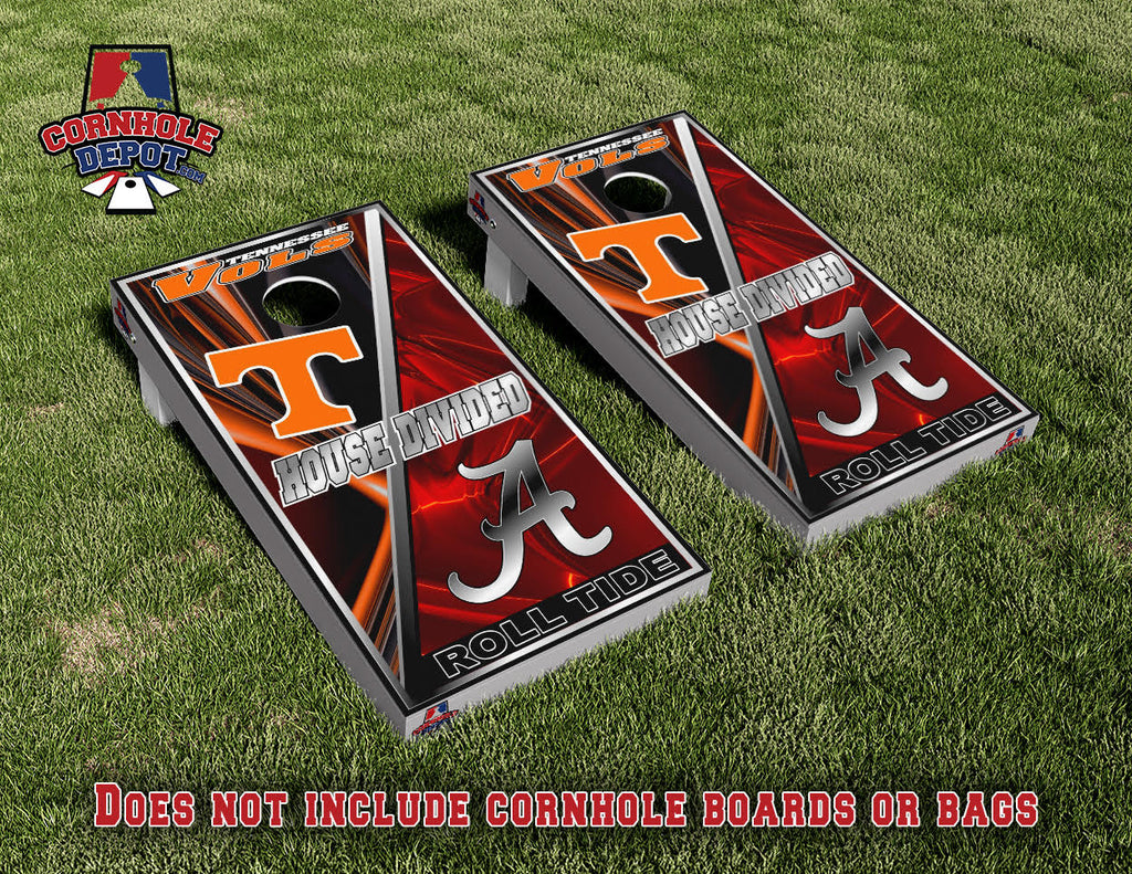 Tennessee Volunteer Vols and Alabama Roll Tide House Divided Cornhole Board Vinyl Wrap Skins Laminated Sticker Set Decal