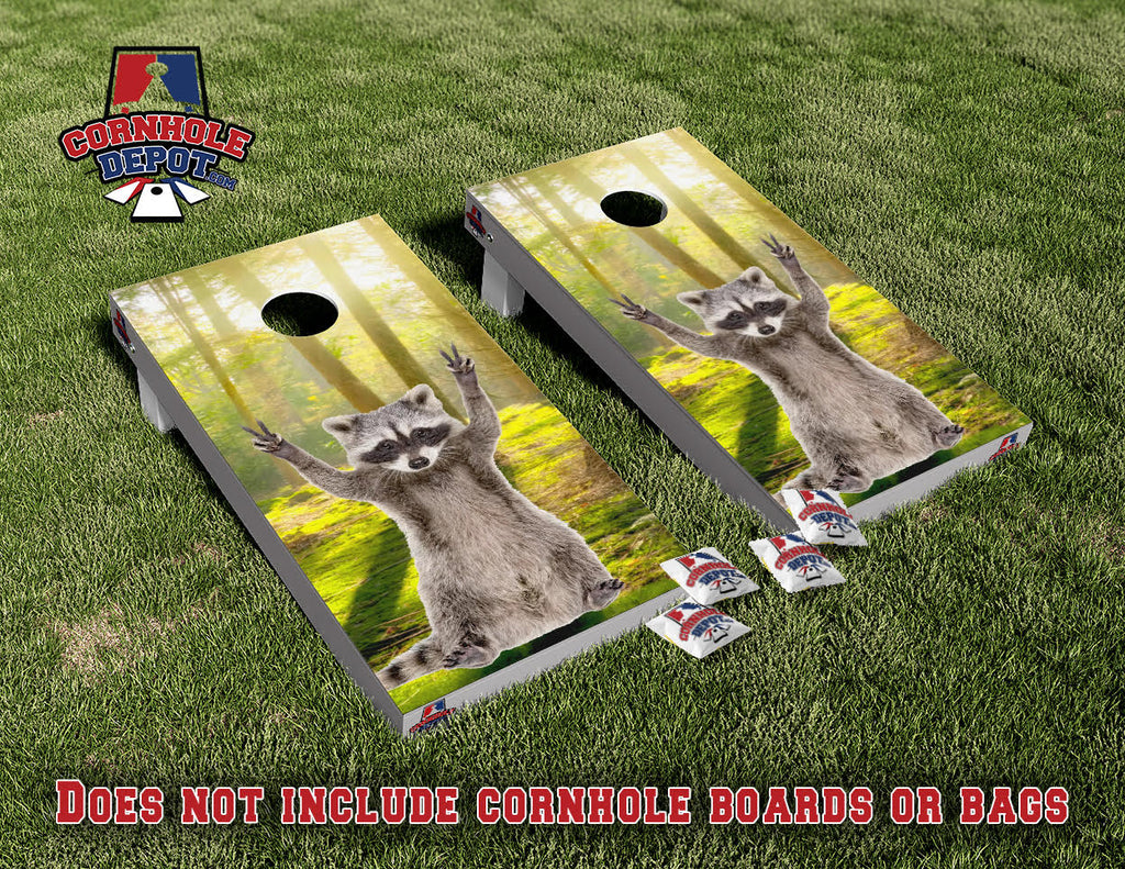 Raccoon Peace Cornhole Board Vinyl Wrap Skins Laminated Sticker Decal Set