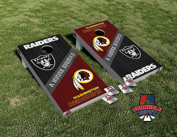 Raiders Las Vegas and Redskins House Divided Cornhole Board Vinyl Wrap Skins Laminated Sticker Decal Set