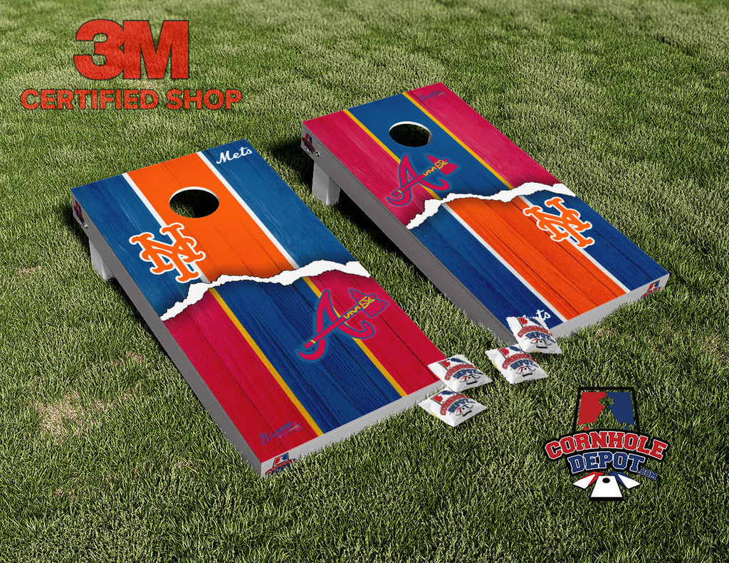 Atlanta Braves and NY Mets House Divided Cornhole Board Vinyl Wrap Skins Laminated Sticker Set Decal