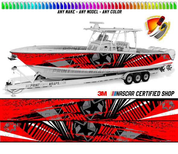 Red and Black Lines Star Graphic Vinyl Boat Wrap Decal Pontoon Sportsman Console Bowriders Deck Watercraft etc.. Boat Wrap Decal