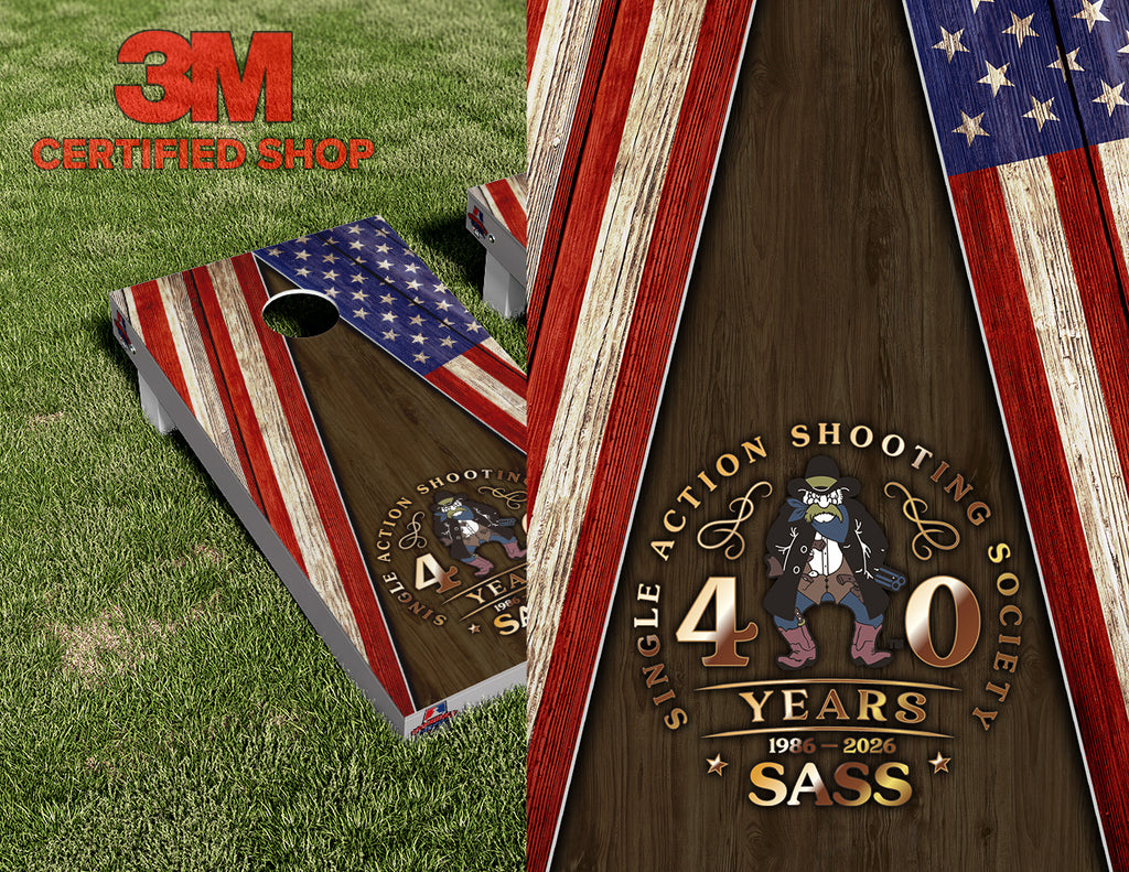 American Flag Dark Wood SASS Cornhole Board Vinyl Wrap Skins Laminated Sticker Set Decal