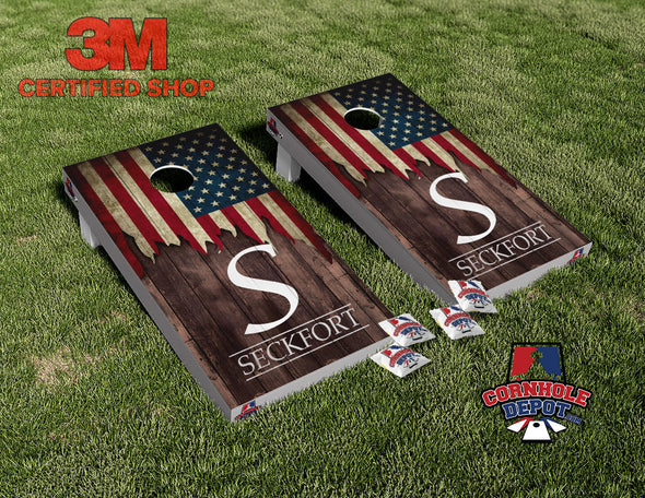 Custom Personalized Monogrammed Name Wood  American Flag Cornhole Board Vinyl Wrap Laminated Sticker Decal Set Anniversary Wedding Gifts