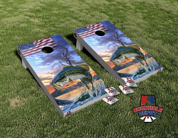 Sea Bass Jumping American Flag Cornhole Board Vinyl Wrap Skins Laminated Sticker  Decal Set