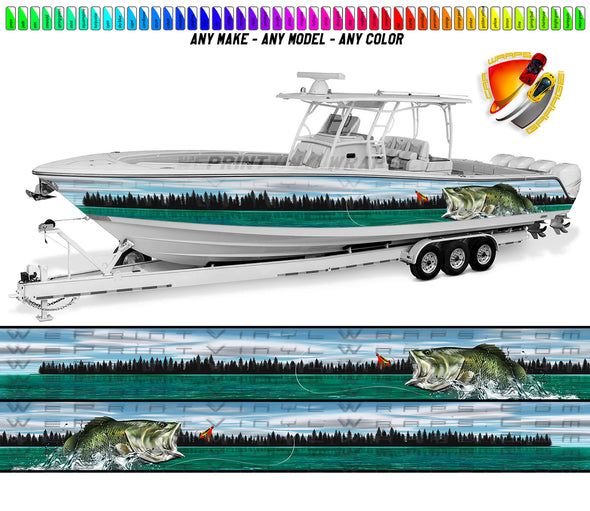 Sea Bass Lake Fishing Blue Sky Graphic Vinyl Boat Wrap Pontoon Sportsman Console Bowriders Watercraft etc.. Boat Wrap Decal