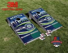 Seattle Mariners Seahawks Skyline Cornhole Board Vinyl Wrap Skins Laminated Sticker Set Decal