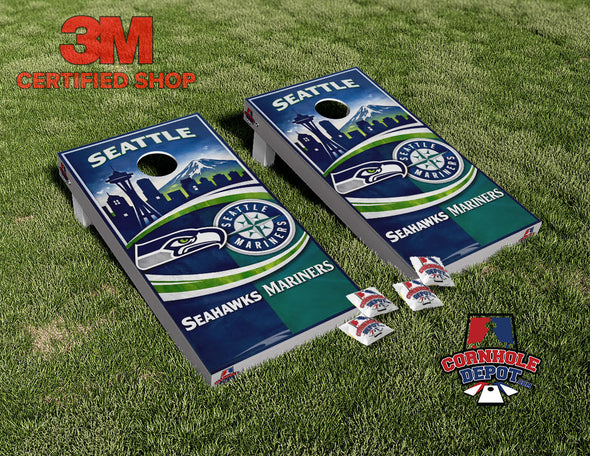 Seattle Mariners Seahawks Skyline Cornhole Board Vinyl Wrap Skins Laminated Sticker Set Decal