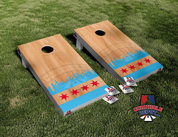Skyline Chicago Flag Wood Cornhole Board Vinyl Wrap Skins Laminated Sticker Set Decal