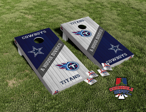 Tennessee Titans and Cowboys House Divided Cornhole Board Vinyl Wrap Skins Laminated Sticker Set Decal