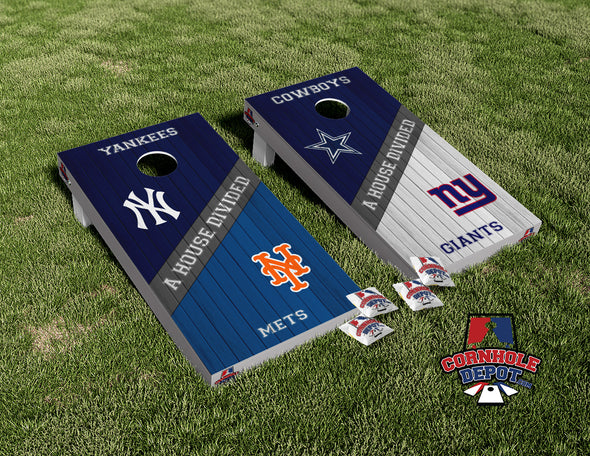 Yankees, Mets, Giants and Cowboys House Divided Cornhole Board Vinyl Wrap Skins Laminated Sticker Set Decal