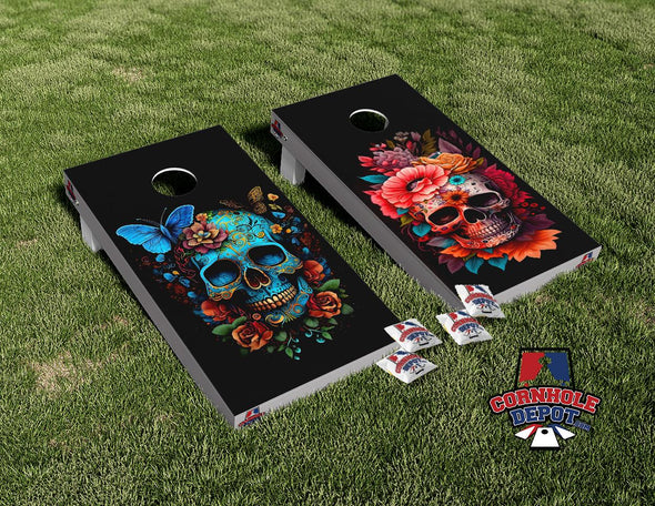 Sugar Skulls Colorful Cornhole Board Vinyl Wrap Skins Laminated Sticker Set Decal