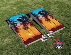 Sunset Beach Palm Trees Cornhole Board Vinyl Wrap Laminated Decal Sticker Set