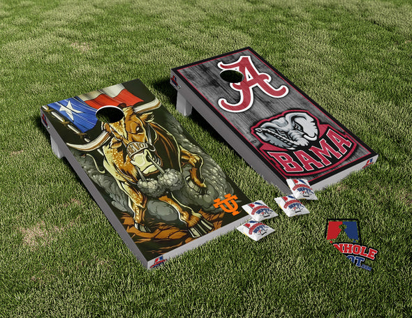 Alabama and Longhorn Custom Cornhole Board Vinyl Wrap Skins Laminated Sticker Set