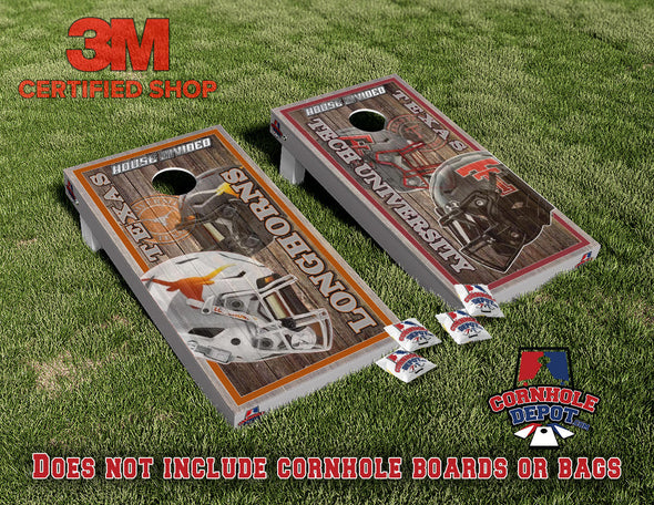 Texas Longhorns and Tech University Split Set Cornhole Board Vinyl Wrap Skins Laminated Sticker Decal Set