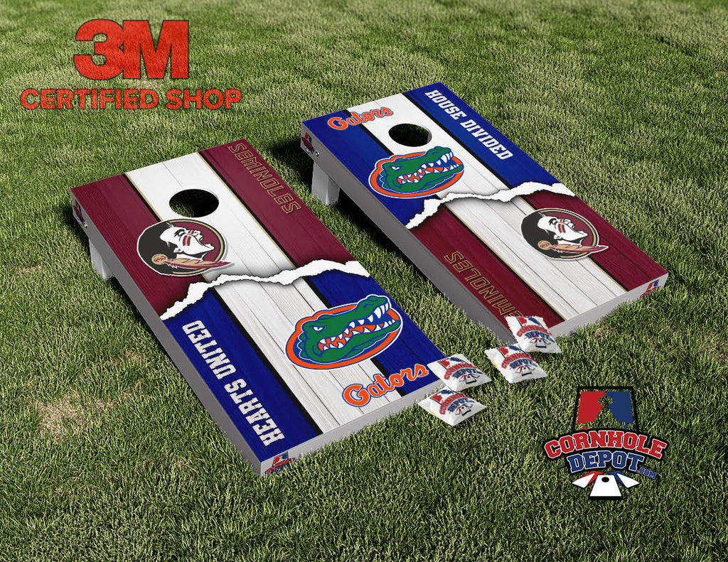 Florida Gators and FSU House Divided Cornhole Board Vinyl Wrap Skins Laminated Sticker Set Decal