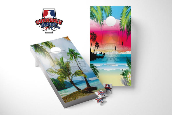 Tropical Beach Palm Trees and Colorful Beach Island Split Set Cornhole Board Vinyl Wrap Laminated Sticker Set Decal